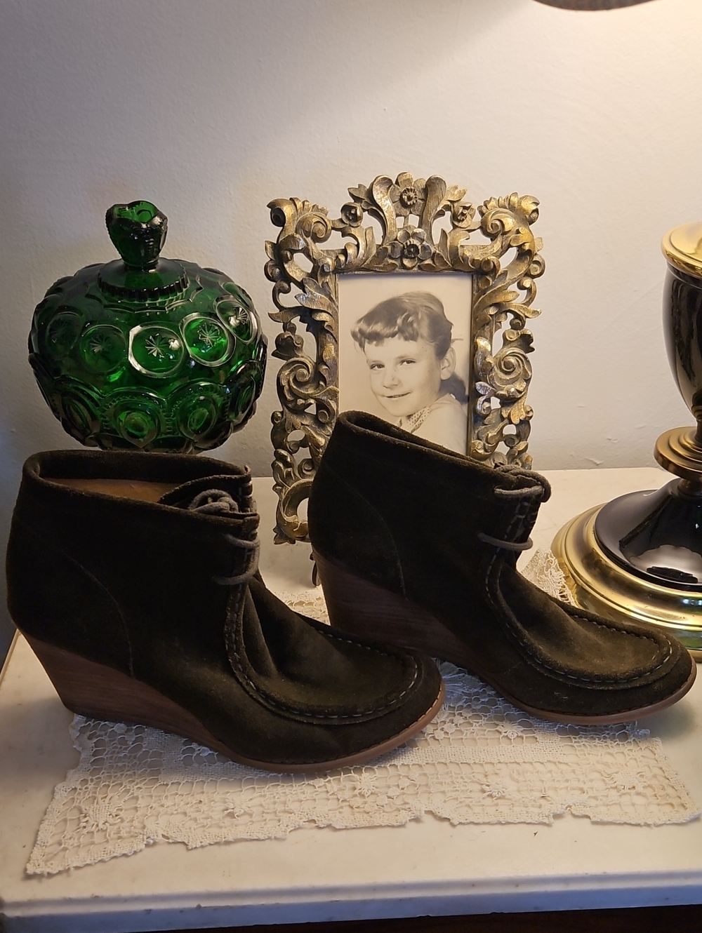 LUCKY BRAND "YSABEL" Forest Green Suede Wedge Lace Booties  9M EUC